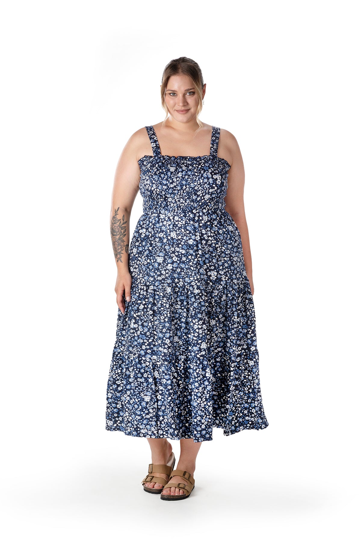 Büyük Beden Çiçek Desenli Kalın Askılı Beli Lastikli Elbise T-84