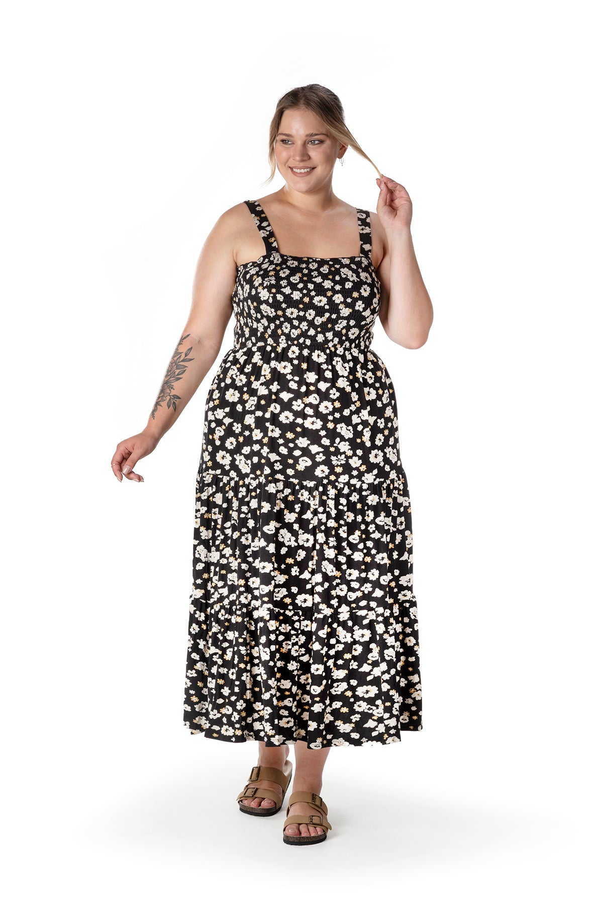 Büyük Beden Çiçek Desenli Kalın Askılı Beli Lastikli Elbise T-83